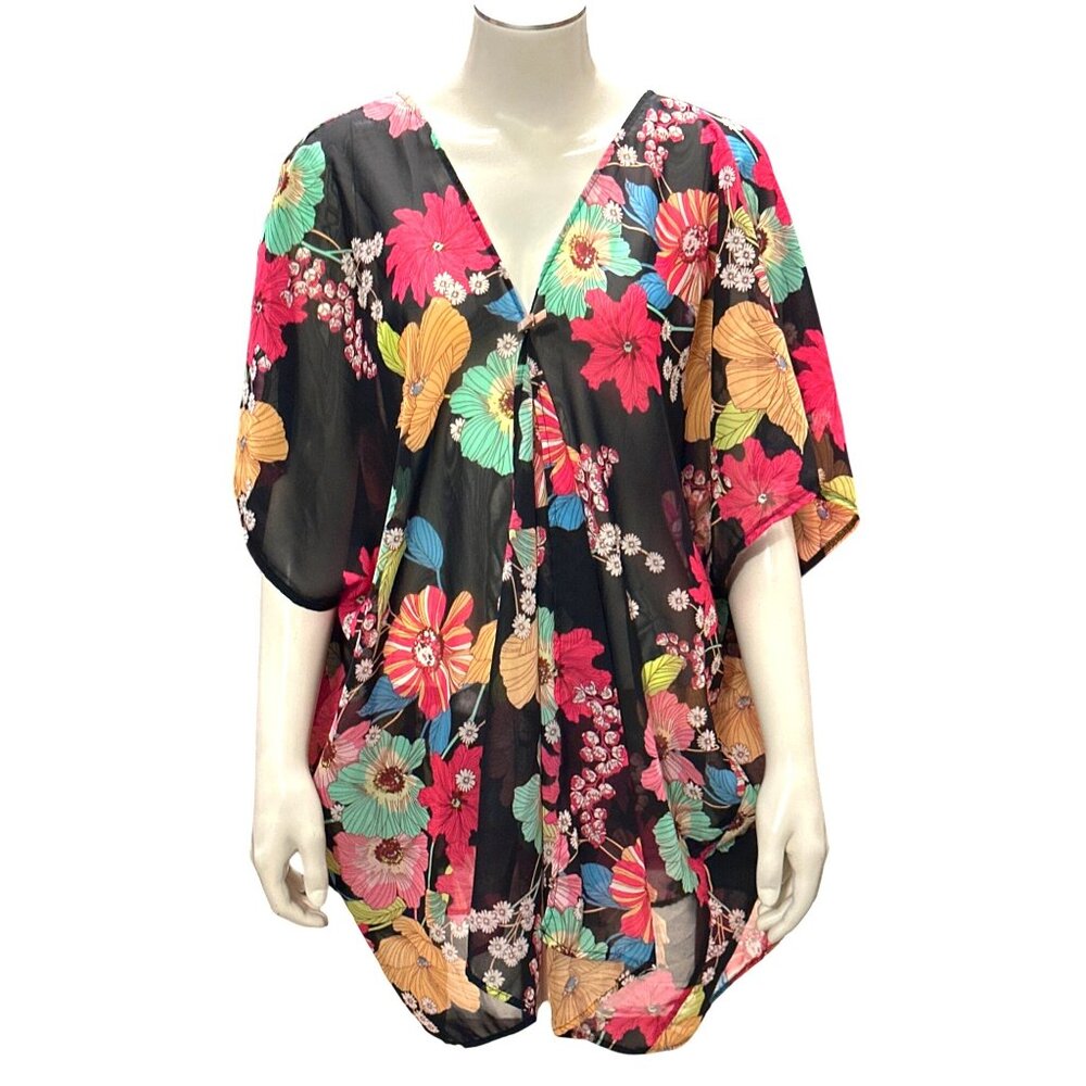 CCC Floral Sheer Black Print Tunic Cover Up V Neck Dolman Sleeves Resort Wear